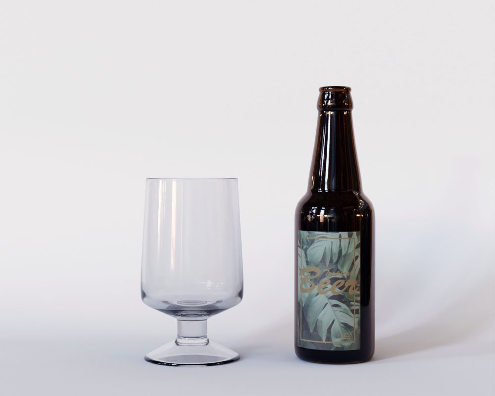 beer bottle and glass render